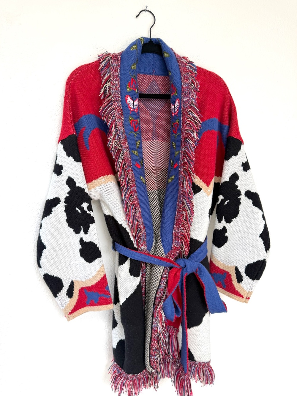 FRINGED cow print colorful oversized fringed belted cardigan sweater / S - Picture 2 of 12